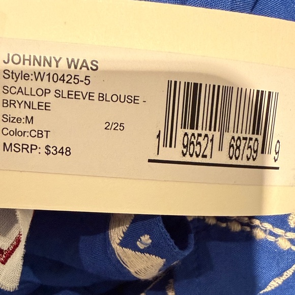 Johnny Was Brynlee Scallop Sleeve Embroidered Blue Women's Blouse - Picture 8 of 10